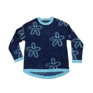 MEROKEETY Floral Crewneck Pullover Sweater Knit Top Navy Turquoise Size S NWT‎